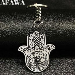 Keychains Lanyards Hamsa Hand Stainless Steel Keychains for Men Hand of Fatima Car Key Chain Jewelry Halloween Gift llaveros de acero K933S01 Y240417