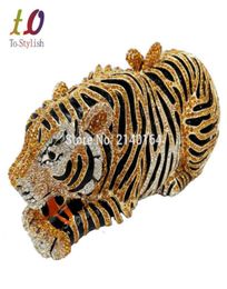 Whole Stylish Animal Tiger Diamond Evening Bag Gold Luxury Diamante Crystal Clutch bag Wedding elegant bride Party banquet Pu7339675