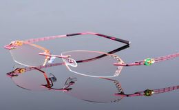 High Clear Anti Reflective Rhinestone Reading Glasses Women Pink Eyeglasses Diamond Cutting Rimless Presbyopic Eyewear New1748024