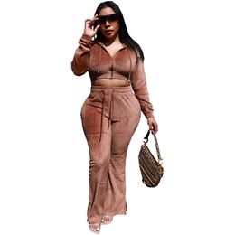 Womens Tracksuits Wholesale Veet Women Two Piece Sets Fall Winter Clothes Sweatsuits Long Sleeve Hooded Jacket And Flare Pants Casual Dhknz