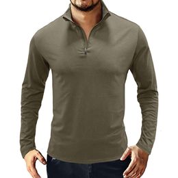 Camiseta de mangas compridas masculinas de outono e inverno, pulôver de colarinho masculino, camisa de pólo com zíper