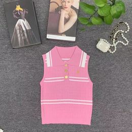 Women turn down collar color block stripe logo letter embroidery stretchy knitted designer tank tops camis SML