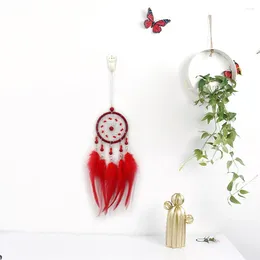 Decorative Figurines Red Feathers Beads Dream Catcher Rear View Mirror Car Charm Ornament Hanging Pendant Wind Chime Gift Home Room Decor