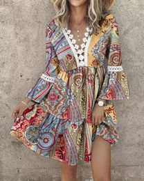 Casual Dresses Women's Dress Elegant Summer Vacation Tribal Print Hollow Out Crochet Lace V-Neck Long Sleeve Layered Ruffles Mini