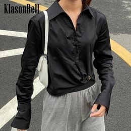 Women's Blouses 2.27 KlasonBell Fashion V-Neck Lapel Collar Design Metal Square Button Ruched Slim Short Shirt Women Cotton Long Sleeve