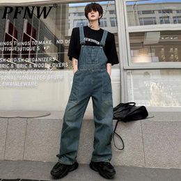 Men's Jeans PFNW American Style Men Denim Overalls Washed Patchwork Large Pockets Loose Male Retro Summer Fashion Trend 9C4886