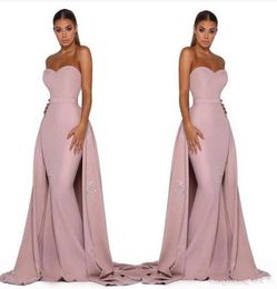 2019 Detachable Tail Mermaid Prom Dresses Pink Satin Evening Dresses Sweetheart Sleeveless Lace Appliques Sweep Train Open Back7201649