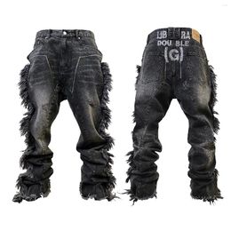 Men's Jeans Men Washed Black Tassel Destruction Deconstruction Embroidery Erosion Denim Pants Streetwear Hip Hop Trousers