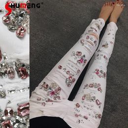 Women's Jeans Hand-Stitched Diamond 2024 With Bright Crystal Beaded White Hole Skinny Pencil Denim Pants