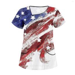 Womens T Shirts Independence Day Printed Work Clothes Sloping Collar And Double Layer Pockets Basic Top Pullover Youthful Woman