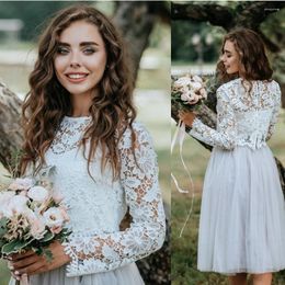 Party Dresses Women 3 Pieces Bridal Engagement Prom Lace Crop Top And Light Grey Tulle Skirt Full Sleeve Wedding Gown
