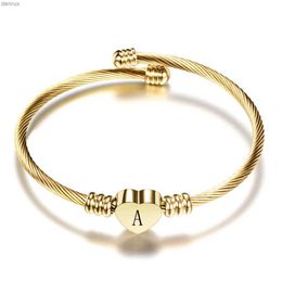 Bangle Fashion Girls Gold Colour Stainless Steel Heart Bracelet Bangle With Letter Fashion Initial Alphabet Charms Bracelets For WomenL240417