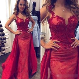 2024 Designer Red Prom Dresses with Overskirt Lace Applique Beaded Sheer Neck Mermaid Custom Made Celebrity Evening Party Gown Plus Size