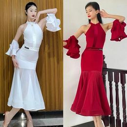 Stage Wear Ballroom Dance Dress Women Summer Backless Performance Costume Prom Party Suit White Red Bodysuit Skirt Waltz BL12319