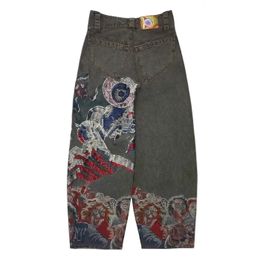 Hip Hop Punk Embroidery Printed Baggy Jeans Y2k Jeans Men Heavy Craftsmanship Retro Style Wide Leg Pants Goth Ripped Jeans 240417