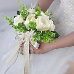 Wedding Flowers 6PC 9.45 Inch Simulated Silk White With Green Leaves Peony Bouquet Decoration Holding