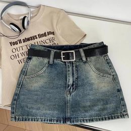 Skirts Gidyq Retro Women Denim American Casual Belt Mini Skirt Streetwear High Waist Female A Line Jeans Spring