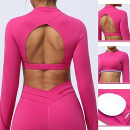 Active Shirts 2024 Women Yoga Hollow Out Crop Top Long Sleeves Sports Fitness Gym Clothing Workout Tops