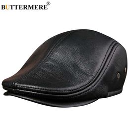 Berets BUTTERMERE Flat Caps Men Real Leather Duckbill Hats Berets Earflaps Black Casual Directors Cap Male Vintage Winter Driving Caps d24417