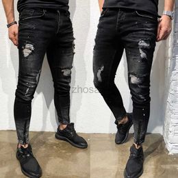 Men's Jeans Men Fashion Street Hole Black Pencil Pants Motorcycle Party Casual Denim Trousers Zipper Cool Design #lr2 d240417