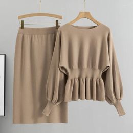 Work Dresses Autumn Elegant 2 Two Piece Set Women Lantern Long Sleeves Crop Tops Fashion Casual Pullover Sweater Sexy High Waist Skirts Sets