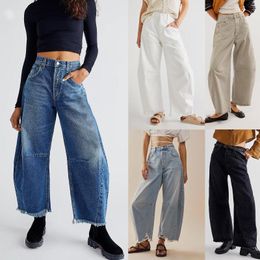 Women's Jeans Streetwear Casual Straight Trousers Solid Color Wide Leg Auiumn Winter Fashion Buttons Pockets Cropped Pants For Women