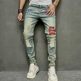 Men's Jeans New Men Vintage Stylish Embroidery Ripped Hip hop Slim Pencil Male Stretch Holes Casual Denim Trousers d240417