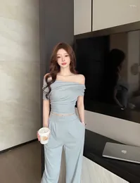 Women's Two Piece Pants Sweet Girl Sexy Suit Summer Off Shoulder Slim Fit Top High Waist Wide Leg Two-piece Set Fashion Female Clothes