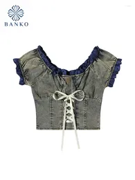 Women's Tanks High Quality Retro Tank Top Ribbons Cross Bandage Denim Vest Washed Blue 2000s Sexy Crop Clothes Women Street Grunge