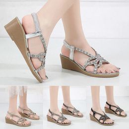 Sandals Elegant Woman Heeled Shoes Summer Rhinestone Thick Soled Wedge Heels Platform Bow Women 2024