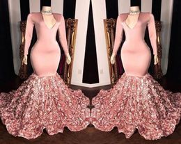 Pink V Neck Lace Mermaid Long Prom Dresses 2019 Long Sleeves Satin 3D Floral Sweep Train Formal Party Evening Gowns2599875