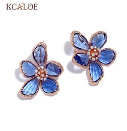 KCALOE Blue Transparent Crystal Big Flowers Stud Earrings For Women Rhinestone Wedding Engagement Silver Color Luxury Earring 20095898188