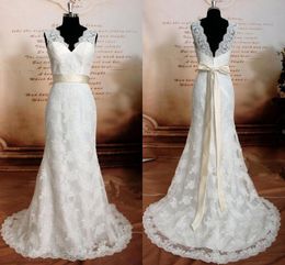 Real Images A Line Lace Wedding Dresses With Sash Bow 2024 V Neck Appliques Floor Length Bridal Gowns Custom Made Robes BC18515