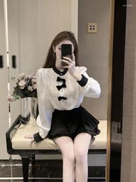 Work Dresses Korean Temperament Shirt Cake Skirt Two Piece Set Women Bead Flounce Detachable Bowtie Sweet Spring Slim Chic Gentle Lady Suit