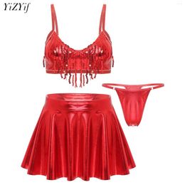 Women's Swimwear Womens Metallic Bikini Set Sequin Tassel Crop Top With Pleated Mini Skirt Bathing Suit Swimsuit Club Dancing Costume