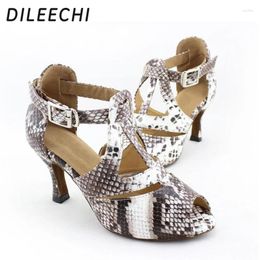 Dance Shoes DILEECHI Adult Women's Latin Green Grey Serpentine Pattern PU Salsa Ballroom Dancing Heel 75mm Soft Outsole