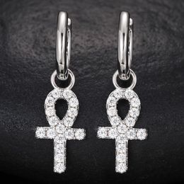 Certified 925 Silver with 18K Gold-Plated Moissanite Key Cross Hoop Earrings Sparkling Wedding Fine Jewellery Earrings for Men Women