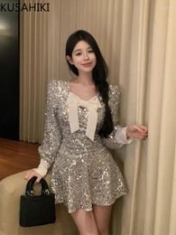 Casual Dresses KUSAHIKI Bow Tie Sequin V-neck Dress Women's Spring Long Sleeved Fashion Korean Style Sexy Slim Spicy Girl Y2k Vestidos