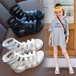 Boots Summer Roman Korean Sandals For Girls Children Fashion White Black Princess Cool Model Shoes 2024 5 6 8 10 12 Y