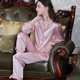 Women's Sleepwear High Quality Real Silk Smooth Long-Sleeved Trousers Two-Piece Set Can Be Outerwear Homewear Purple