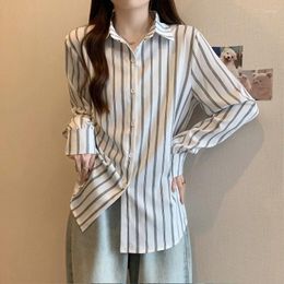 Women's Blouses Spring Autumn POLO Collar Fashion Long Sleeve Shirt Women High Street Pure Cotton Button Cardigan Striped Printing Chic Z166