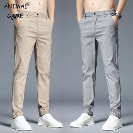 Summer Casual Pants Men Thin Stretch Slim Fit Elastic Waist Cotton Business Classic Korean Trousers Male Khaki Gray 28-38 240407