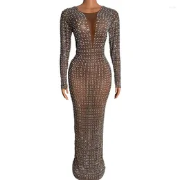 Stage Wear Women Streamlined Long Dress Diamond Pearl Wrapped Tight Sexy Show Birthday Celebrate Singer Performance Club Host