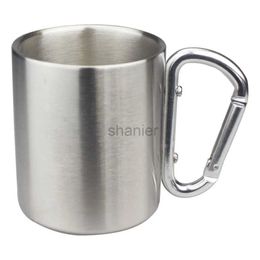 Mugs 200ml300ml Isolating Travel Mug Double Wall Stainless Steel Outdoor Children Cup Carabiner Hook Handle Heat Resistance portable 240417