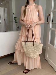 Casual Dresses Alien Kitty Halter Chic Cake Long Dress Women Off Shoulders Sleeveless Summer 2024 Solid Loose Camping Gentle Office Lady