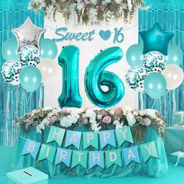 Turquoise 16th Birthday Decorations Teal Sweet 16 Banner Sash Curtain Number 16 Balloon for Girl 16 Years Old Birthday Party 240411