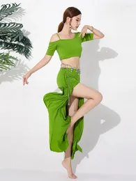 Stage Wear Belly Dance 2pcs Set Short Sleeves Top Tassel Skirt Women Dancing Performance Suit Female Oriental Outfit