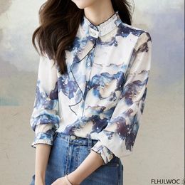 Women's Blouses FLHJLWOC Brand Ink Painting Tops 2024 Spring Basic Wear Office Lady Women Single-Breasted Button Shirts