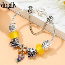 Charm Bracelets DINGLLY Purple Enamel Castle Beads 50th Anniversary For Women Men DIY Golden Bangle Kids Jewelry Gift