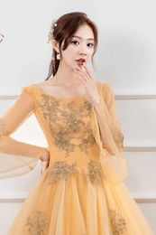 Party Dresses Golden Yellow Full Sleeve Sweat Long Lady Girl Women Princess Bridesmaid Banquet Prom Performance Dress Gown